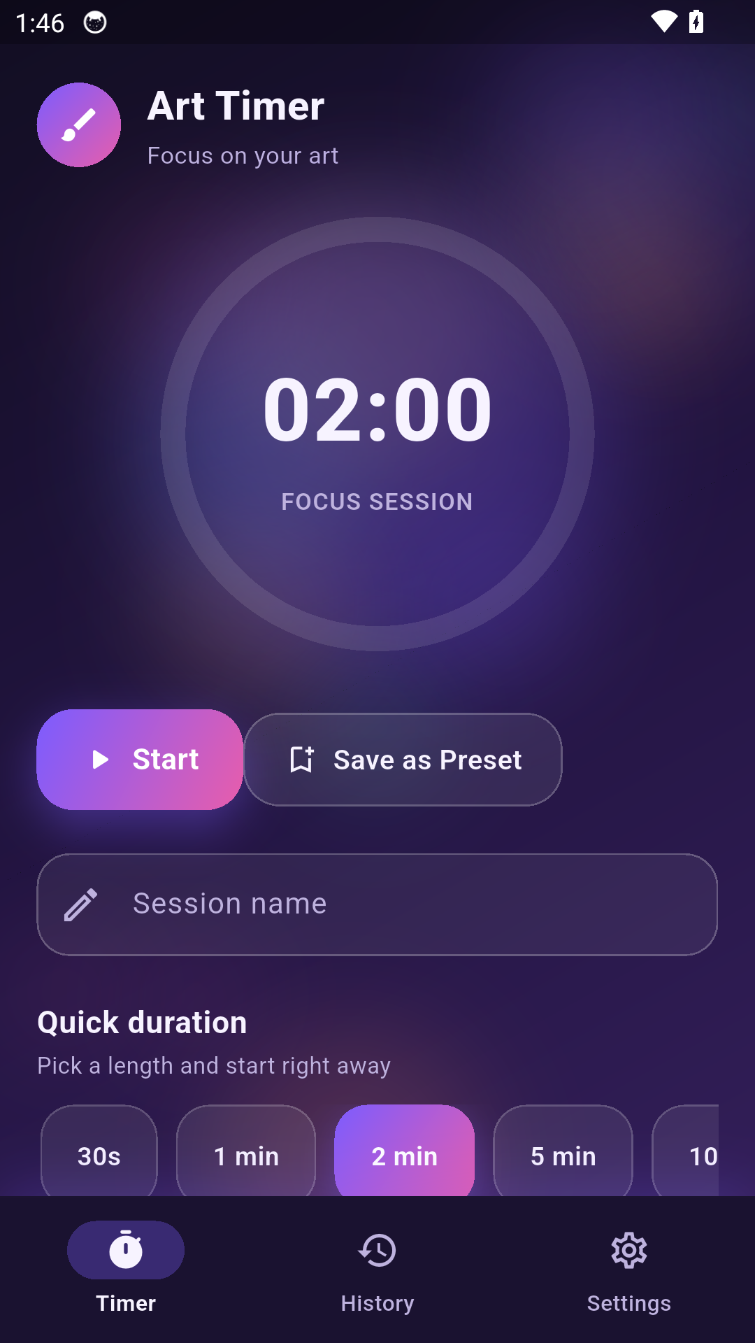 Art Timer timer screen